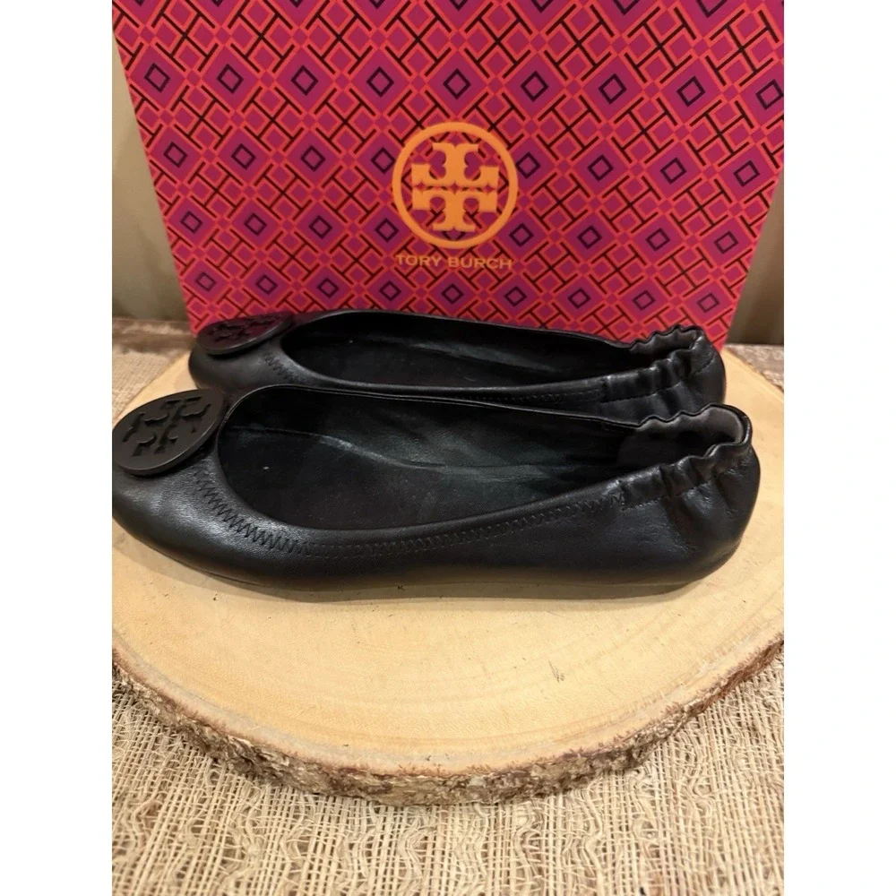 Tory Burch Minnie Travel Ballet Women's Pebble Leather‎ Perfect Black Sz-9